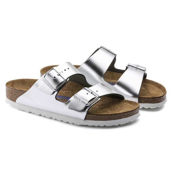 Birkenstock Shoes - Birkenstock Arizona Soft Footbed Metallic Silver Leather Size W10/M8 Slip-On